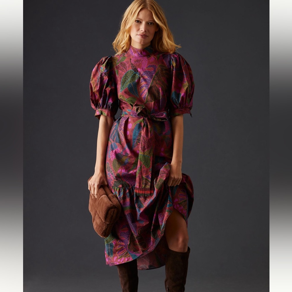 Farm Rio Anthropologie Puff Sleeve Botanical Midi Dress Size Small